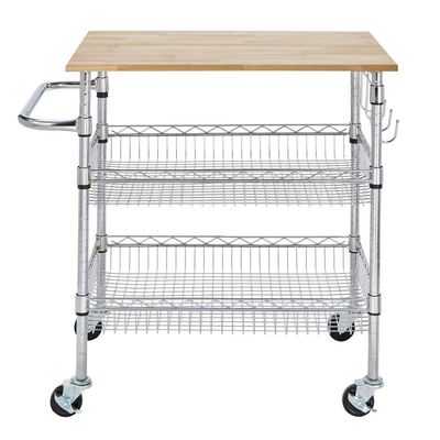 Kitchen Organiser Wooden Top Metal Chrome Basket Shelf Wire Trolley Cart
