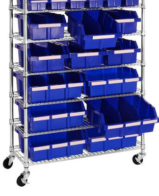 Space Saving Top Track Mobile Wire Shelving With Plastic Storage Containers 86" High For Small Parts