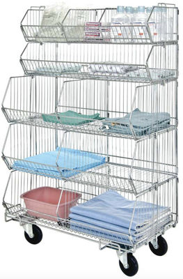 Mobile Chrome Stackable Wire Basket Rack For Medical Articles With 5 Bins Hospital