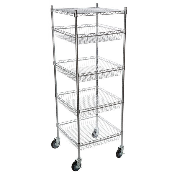 5 Tier Baskets Shelving Units Mobile Metal Wire Rack Grocery Display