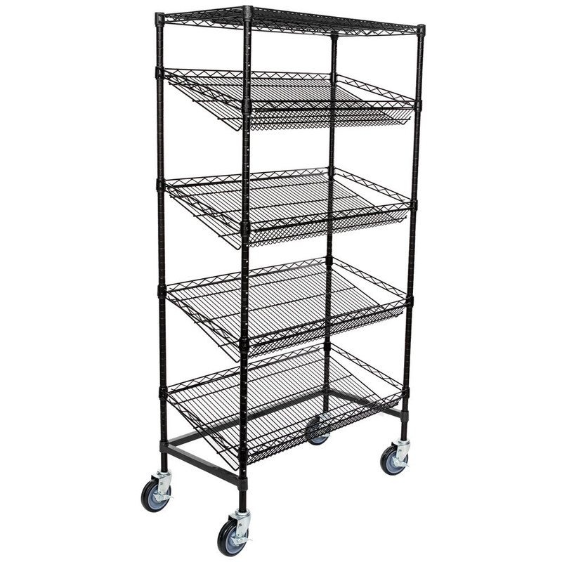 Supermarket 5 Tier Slanted Wire Shelving / Black Wire Shelf Unit 18" D X 36" W