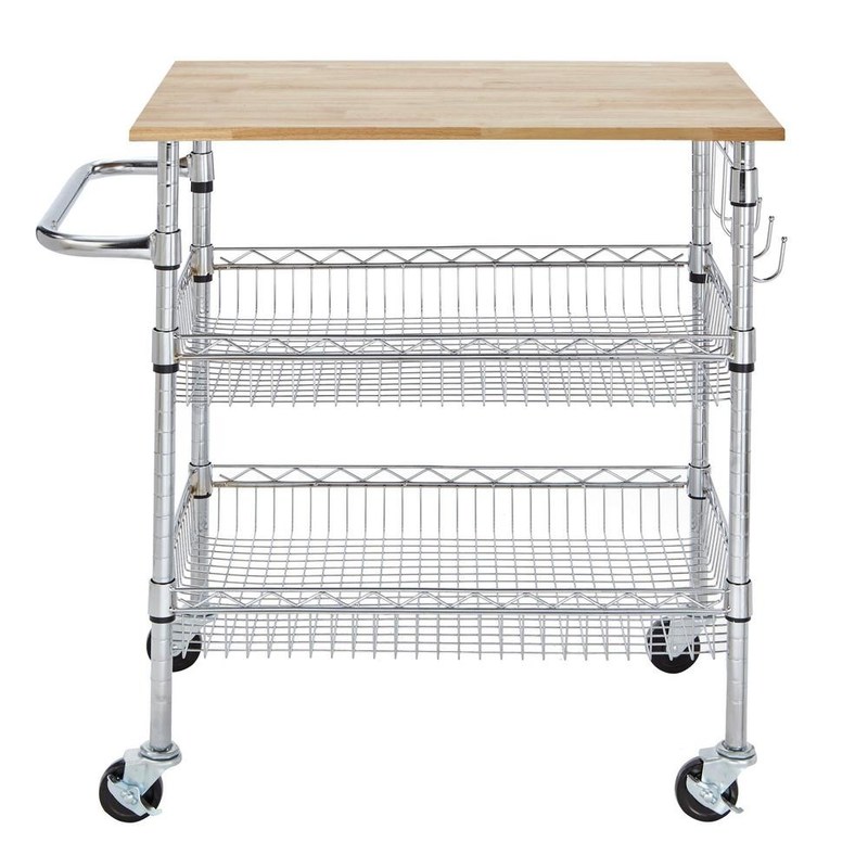 Kitchen Organiser Wooden Top Metal Chrome Basket Shelf Wire Trolley Cart