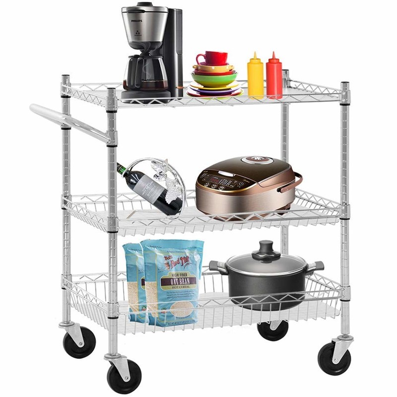 3-Layer Heavy-Duty Wire Rolling Cart with Handle Kitchen Dinner Use